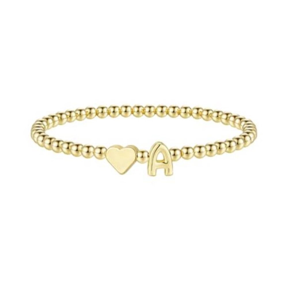 14K Gold Plated Initial Heart Bracelet Dainty Beaded Adjustable